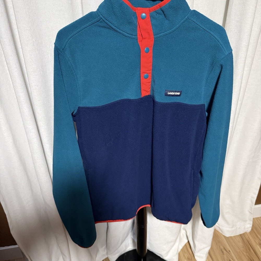 Lands End Mens Medium Fleece Sweatshirt Shirt Quarter Snap Pullover Pockets Blue - Picture 1 of 7